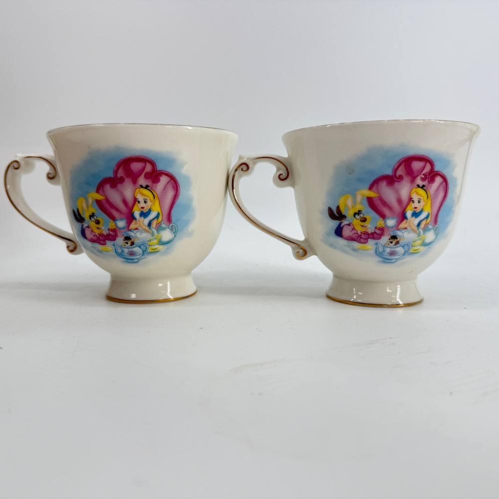 Disney Parks Alice in Wonderland Tea Cup Set 2pc White Gold Rim Mad Tea Party